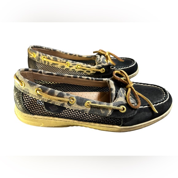 SPERRY Angelfish Black & Gold Animal Print Slip On Boat Shoes Size 7.5 EUC - Picture 4 of 11